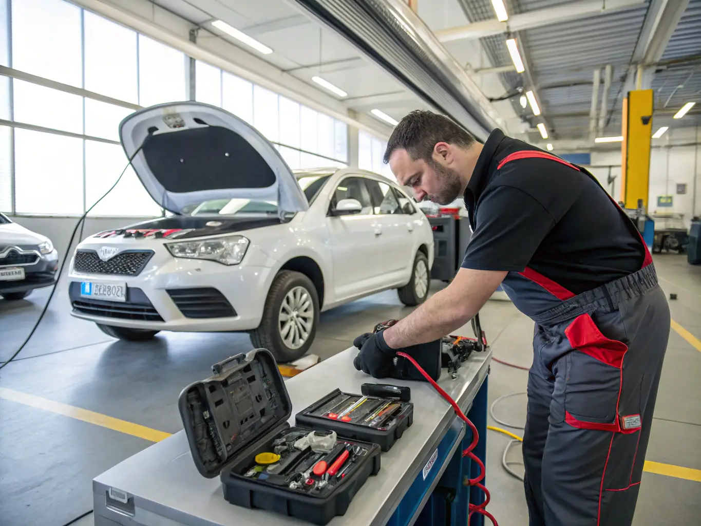 A technician performing an airbag reset on a vehicle, showcasing the specialized equipment used for the process.
