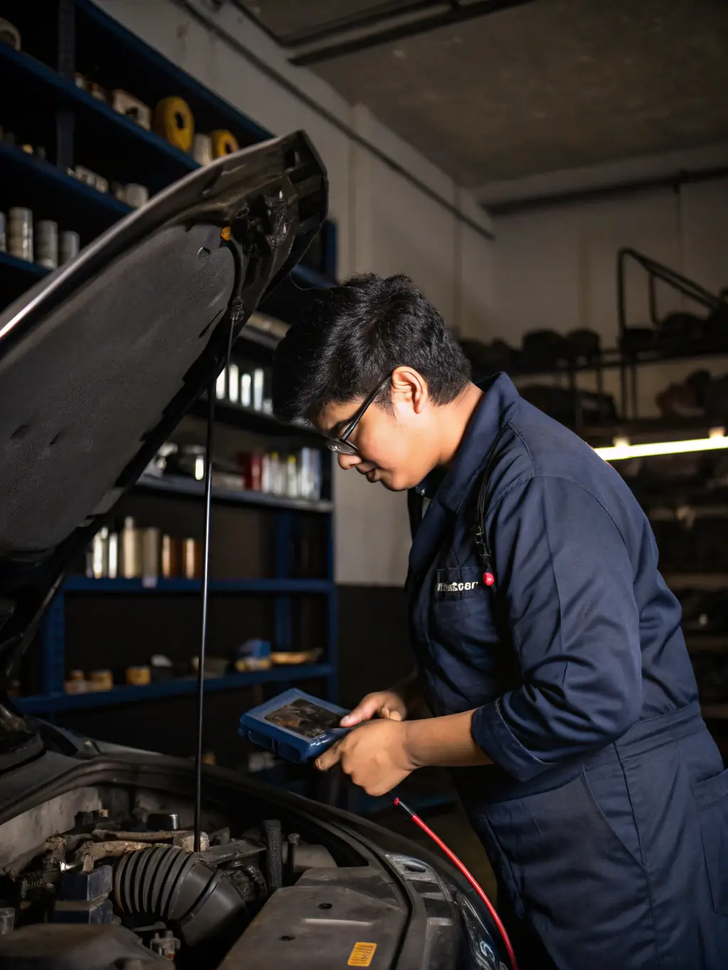 A technician using a PCM flasher on a car's computer, highlighting the advanced technology and expertise used in Supermaster's PCM flashing services.