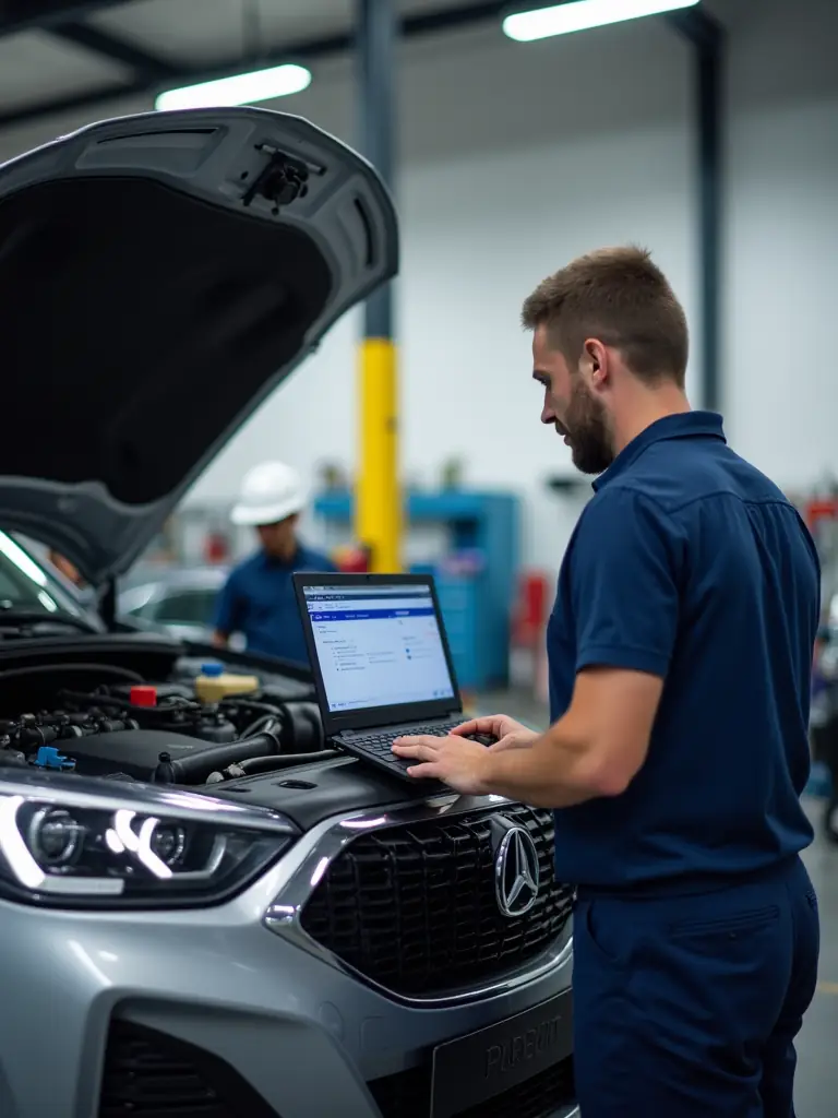 A mechanic diagnosing a car's electrical system with an oscilloscope, showcasing Supermaster's diagnostic capabilities.